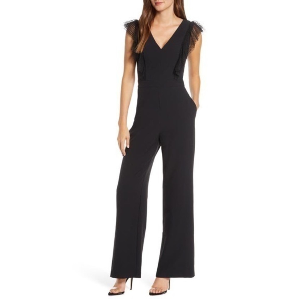 Eliza J Black Tulle Ruffle Stretch Crepe Wide Leg V-Neck Jumpsuit Size 10